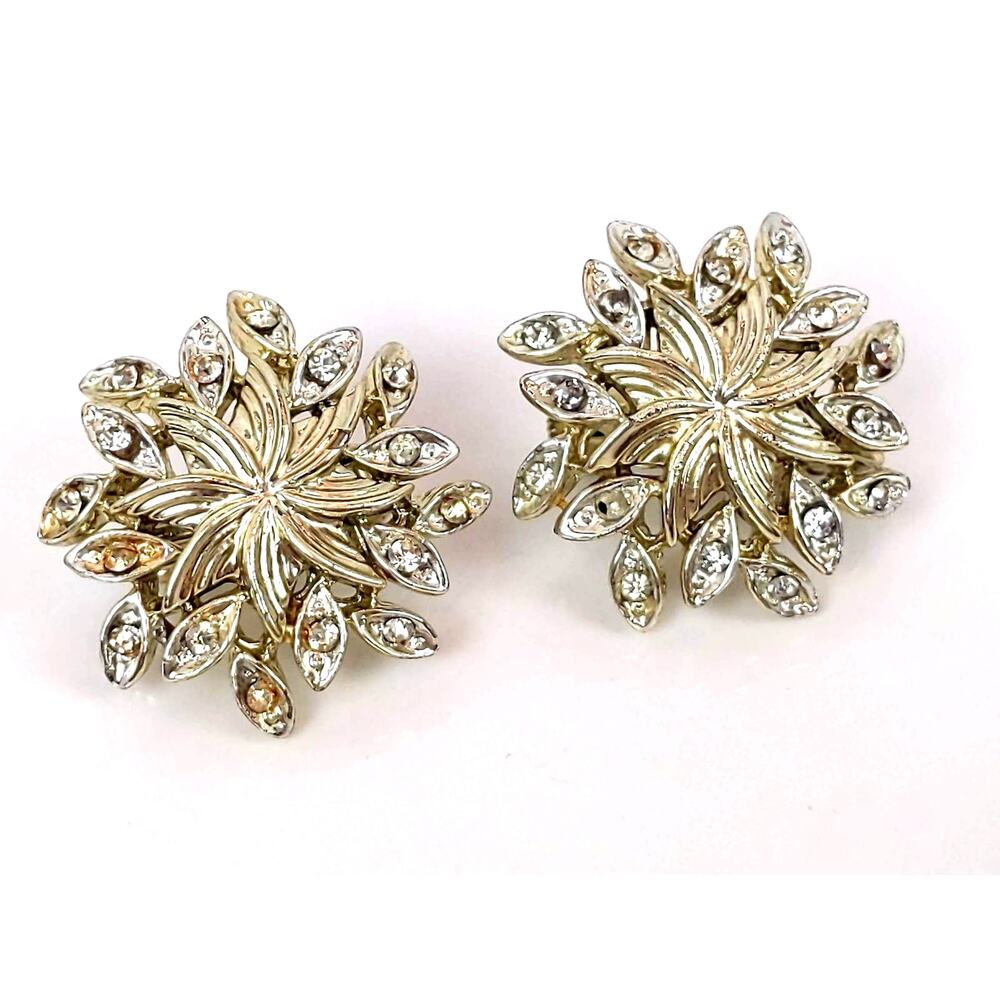 Vintage Rhinestone Flower Earrings, Vintage Old Hollywood Starburst Clip Ons,